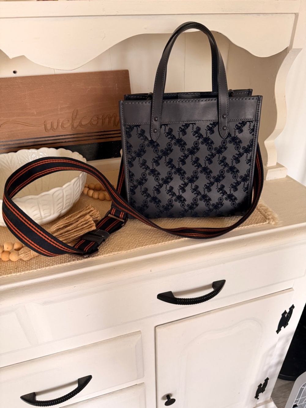 Coach Field tote 30 with horse and carriage print - black with orange suede side